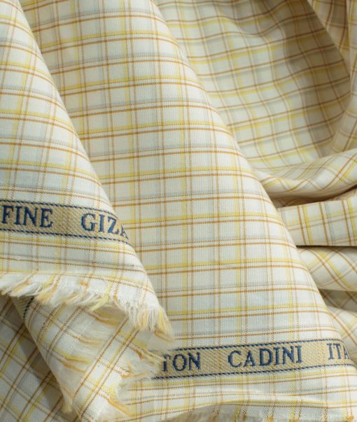 Cadini Men's Giza Blended Cotton Checks 2.25 Meter Unstitched Shirting Fabric (White & Yellow)