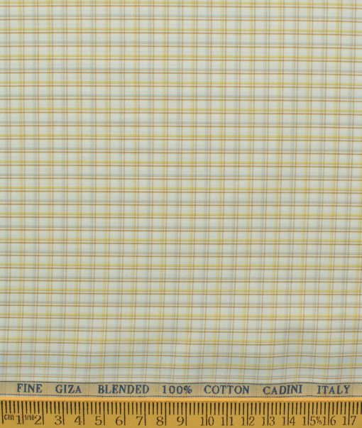 Cadini Men's Giza Blended Cotton Checks 2.25 Meter Unstitched Shirting Fabric (White & Yellow)