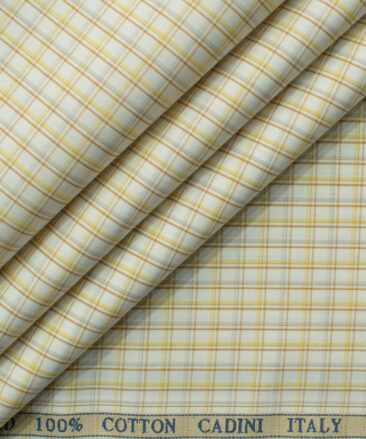 Cadini Men's Giza Blended Cotton Checks 2.25 Meter Unstitched Shirting Fabric (White & Yellow)