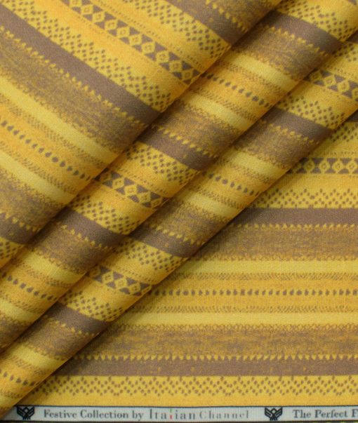 Italian Channel Men's Terry Rayon Striped 2.25 Meter Unstitched Shirting Fabric (Yellow)