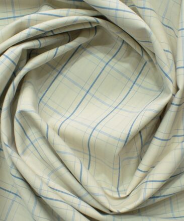 Morarjee Men's Super 60's Egyptian Cotton  Checks 2.25 Meter Unstitched Shirting Fabric (Beige & Blue)