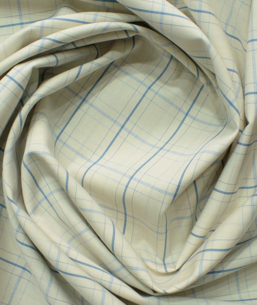 Morarjee Men's Super 60's Egyptian Cotton  Checks 2.25 Meter Unstitched Shirting Fabric (Beige & Blue)