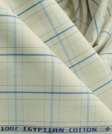 Morarjee Men's Super 60's Egyptian Cotton  Checks 2.25 Meter Unstitched Shirting Fabric (Beige & Blue)