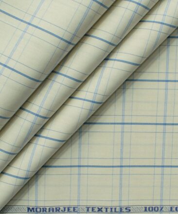 Morarjee Men's Super 60's Egyptian Cotton  Checks 2.25 Meter Unstitched Shirting Fabric (Beige & Blue)