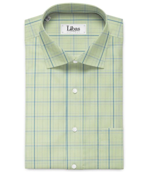 Morarjee Men's Super 60's Egyptian Cotton  Checks 2.25 Meter Unstitched Shirting Fabric (Pistachio & Blue)