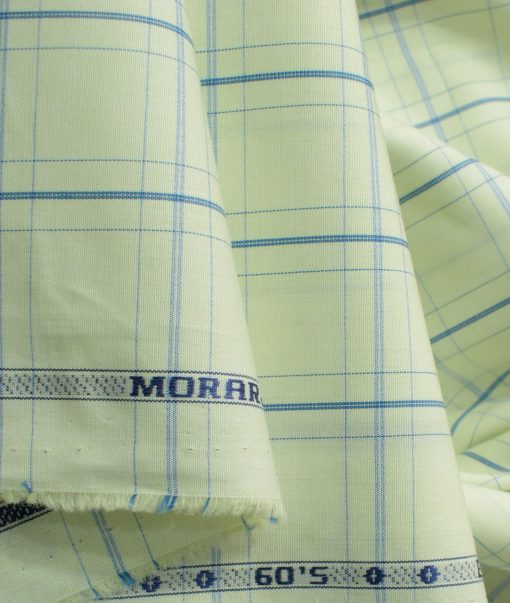 Morarjee Men's Super 60's Egyptian Cotton  Checks 2.25 Meter Unstitched Shirting Fabric (Pistachio & Blue)