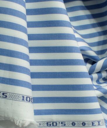 Morarjee Men's Super 60's Egyptian Cotton  Striped 2.25 Meter Unstitched Shirting Fabric (White & Blue)