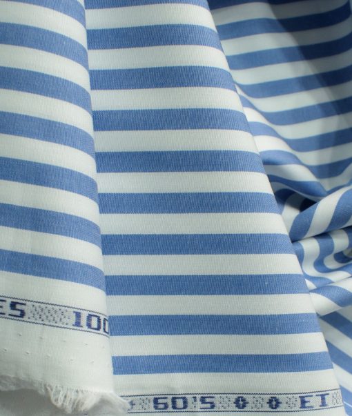 Morarjee Men's Super 60's Egyptian Cotton  Striped 2.25 Meter Unstitched Shirting Fabric (White & Blue)