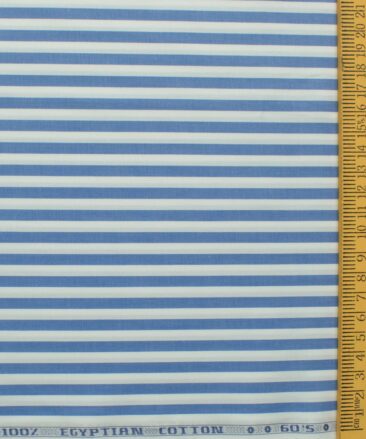 Morarjee Men's Super 60's Egyptian Cotton  Striped 2.25 Meter Unstitched Shirting Fabric (White & Blue)