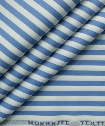 Morarjee Men's Super 60's Egyptian Cotton  Striped 2.25 Meter Unstitched Shirting Fabric (White & Blue)