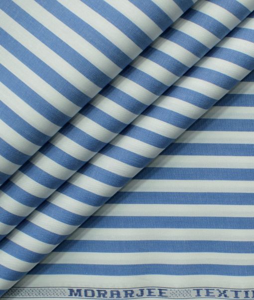 Morarjee Men's Super 60's Egyptian Cotton  Striped 2.25 Meter Unstitched Shirting Fabric (White & Blue)