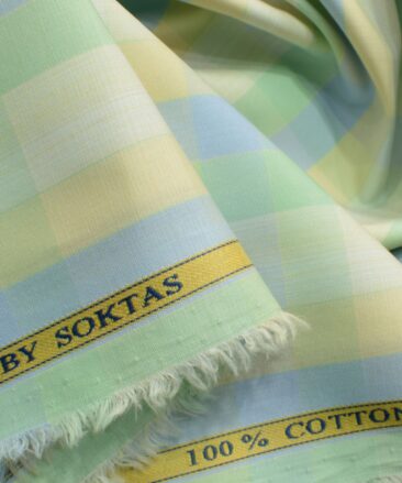 Soktas Men's Cotton Checks 2.25 Meter Unstitched Shirting Fabric (Yellow & Green)