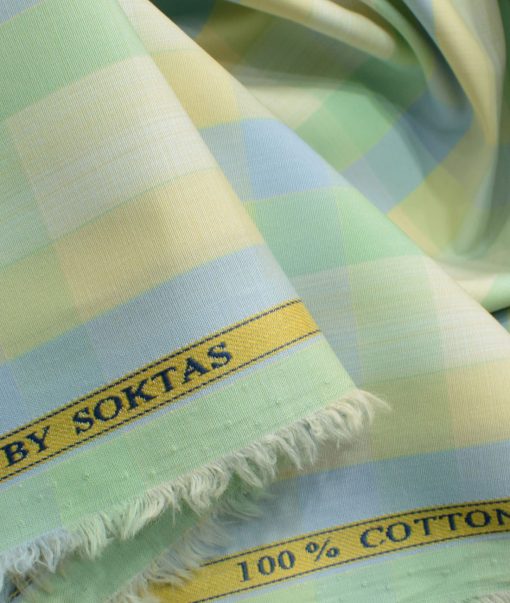 Soktas Men's Cotton Checks 2.25 Meter Unstitched Shirting Fabric (Yellow & Green)