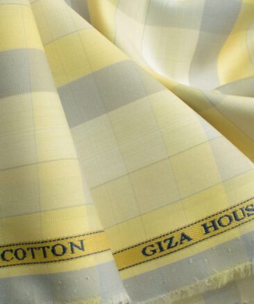 Soktas Men's Cotton Checks 2.25 Meter Unstitched Shirting Fabric (Yellow & Grey)