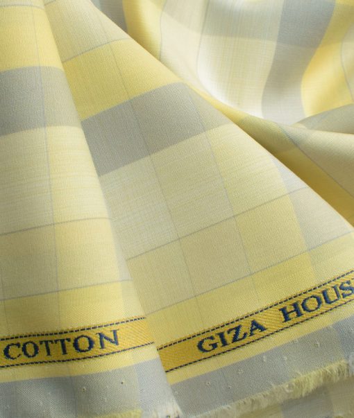 Soktas Men's Cotton Checks 2.25 Meter Unstitched Shirting Fabric (Yellow & Grey)