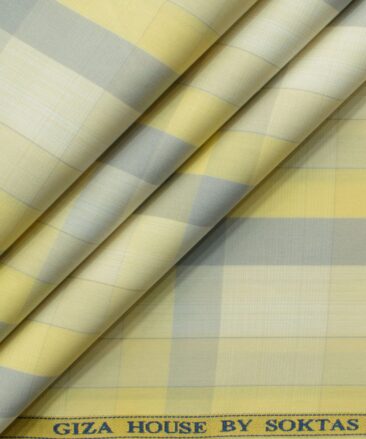 Soktas Men's Cotton Checks 2.25 Meter Unstitched Shirting Fabric (Yellow & Grey)