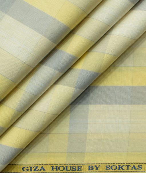 Soktas Men's Cotton Checks 2.25 Meter Unstitched Shirting Fabric (Yellow & Grey)