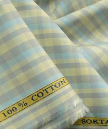 Soktas Men's Cotton Checks 2.25 Meter Unstitched Shirting Fabric (Yellow Grey)