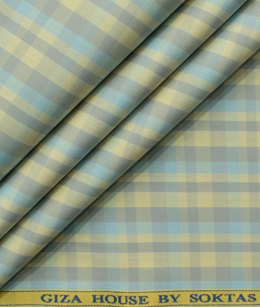 Soktas Men's Cotton Checks 2.25 Meter Unstitched Shirting Fabric (Yellow Grey)