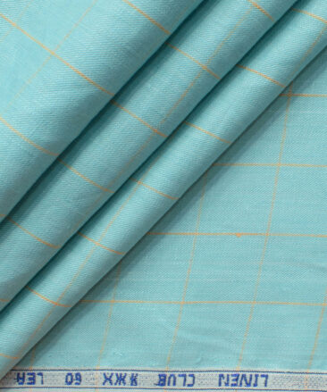 Linen Club Men's 100% Linen 60 LEA Checks 3.75 Meter Unstitched Suiting Fabric (Teal Blue)