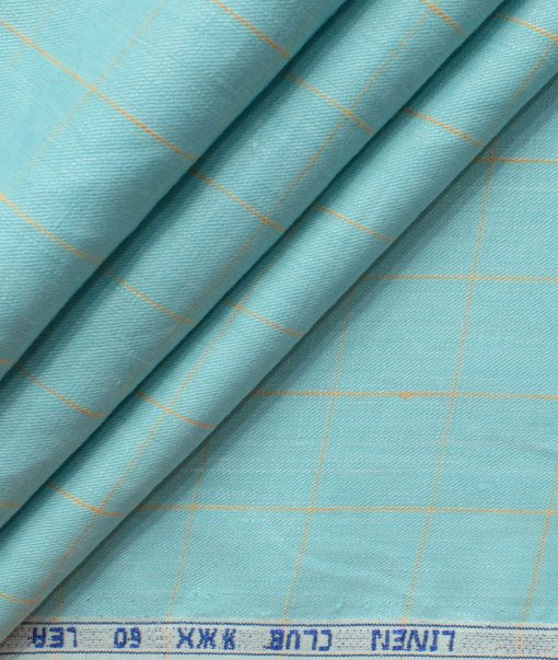 Linen Club Men's 100% Linen 60 LEA Checks 3.75 Meter Unstitched Suiting Fabric (Teal Blue)