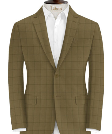 J.Hampstead Men's 20% Wool Super 90's Checks 3.75 Meter Unstitched Suiting Fabric (Khakhi Brown base with Green Checks)