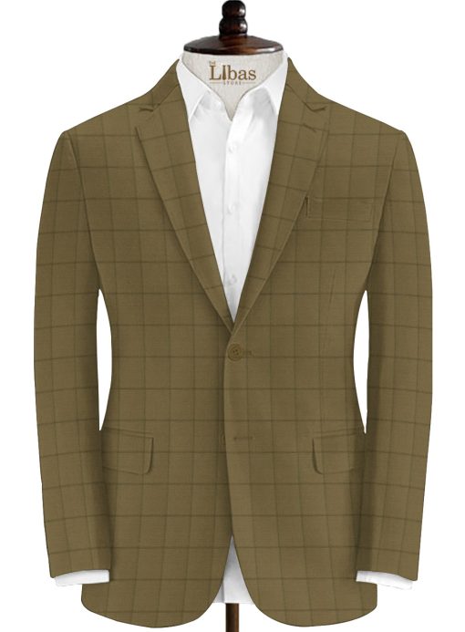 J.Hampstead Men's 20% Wool Super 90's Checks 3.75 Meter Unstitched Suiting Fabric (Khakhi Brown base with Green Checks)