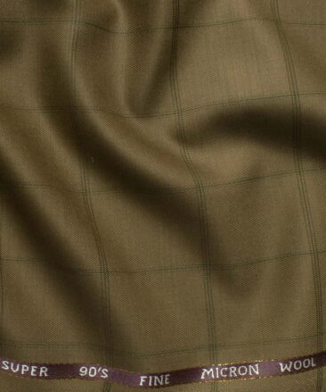 J.Hampstead Men's 20% Wool Super 90's Checks 3.75 Meter Unstitched Suiting Fabric (Khakhi Brown base with Green Checks)