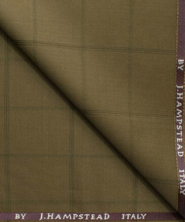 J.Hampstead Men's 20% Wool Super 90's Checks 3.75 Meter Unstitched Suiting Fabric (Khakhi Brown base with Green Checks)