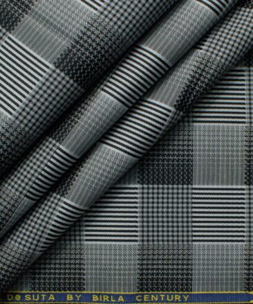 Birla Century Men's Giza Cotton Checks 2.25 Meter Unstitched Shirting Fabric (Grey & Black)