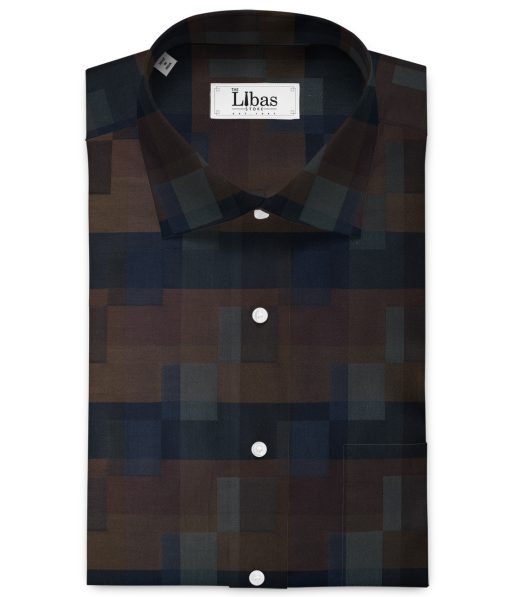 J.Hamsptead Men's Giza Cotton Self Design 2.25 Meter Unstitched Shirting Fabric (Brown & Blue)