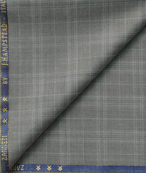 J.Hampstead Men's 60% Wool Super 140's Checks 1.30 Meter Unstitched Trouser Fabric (Light Grey)