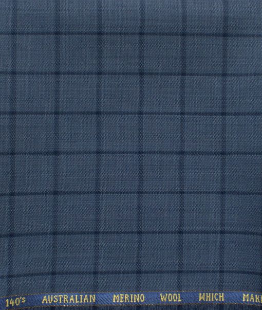 J.Hampstead Men's 60% Wool Super 140's Checks 1.30 Meter Unstitched Trouser Fabric (Aegean Blue)