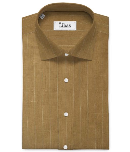 Linen Club Men's Pure Linen 66 LEA Striped 2.25 Meter Unstitched Shirting Fabric (Camel Brown)