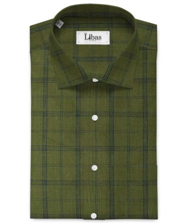 Linen Club Men's Pure Linen 66 LEA Checks 2.25 Meter Unstitched Shirting Fabric (Moss Green)