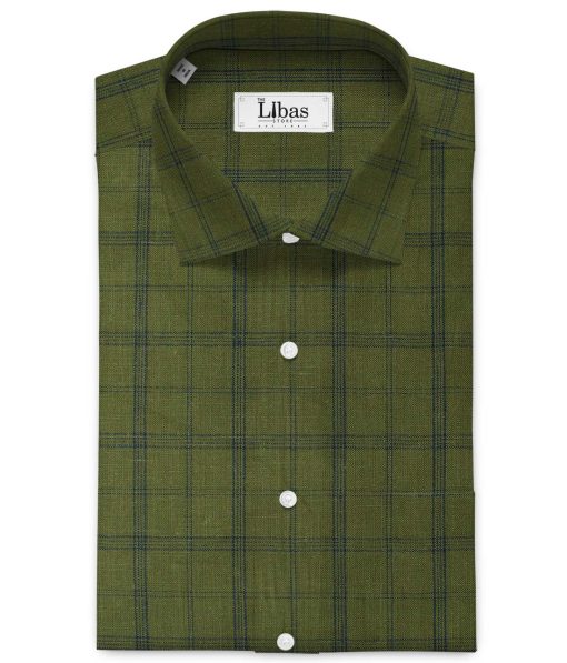 Linen Club Men's Pure Linen 66 LEA Checks 2.25 Meter Unstitched Shirting Fabric (Moss Green)