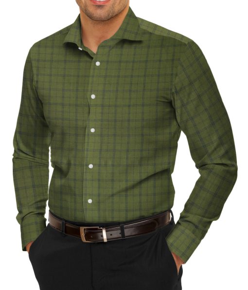 Linen Club Men's Pure Linen 66 LEA Checks 2.25 Meter Unstitched Shirting Fabric (Moss Green)