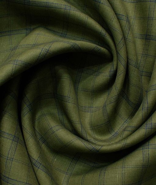 Linen Club Men's Pure Linen 66 LEA Checks 2.25 Meter Unstitched Shirting Fabric (Moss Green)