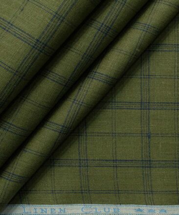 Linen Club Men's Pure Linen 66 LEA Checks 2.25 Meter Unstitched Shirting Fabric (Moss Green)