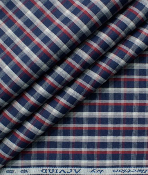 Arvind Men's 60's Premium Cotton Checks 2.25 Meter Unstitched Shirting Fabric (Dark Blue)