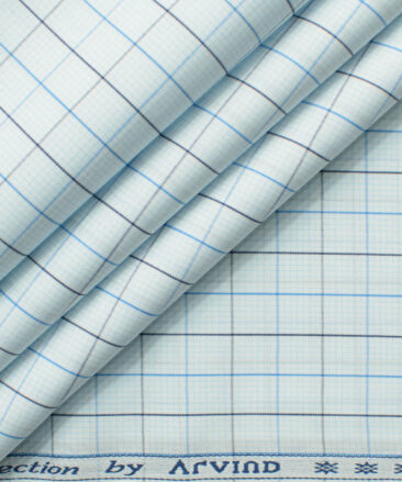 Arvind Men's 60's Premium Cotton Checks 2.25 Meter Unstitched Shirting Fabric (White & Blue)