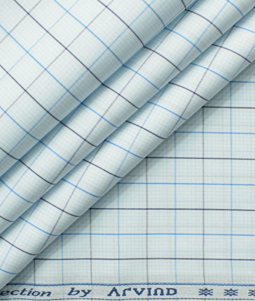 Arvind Men's 60's Premium Cotton Checks 2.25 Meter Unstitched Shirting Fabric (White & Blue)