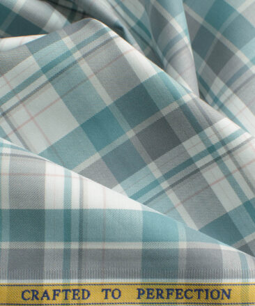 Soktas Men's Egyptian Cotton Checks 2.25 Meter Unstitched Shirting Fabric (White & Teal Green)