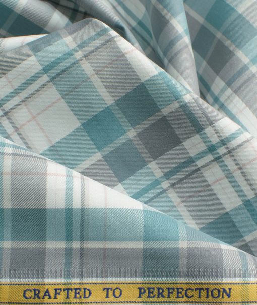 Soktas Men's Egyptian Cotton Checks 2.25 Meter Unstitched Shirting Fabric (White & Teal Green)