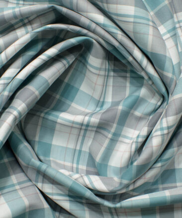 Soktas Men's Egyptian Cotton Checks 2.25 Meter Unstitched Shirting Fabric (White & Teal Green)