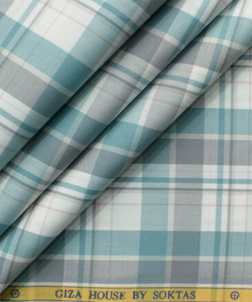 Soktas Men's Egyptian Cotton Checks 2.25 Meter Unstitched Shirting Fabric (White & Teal Green)