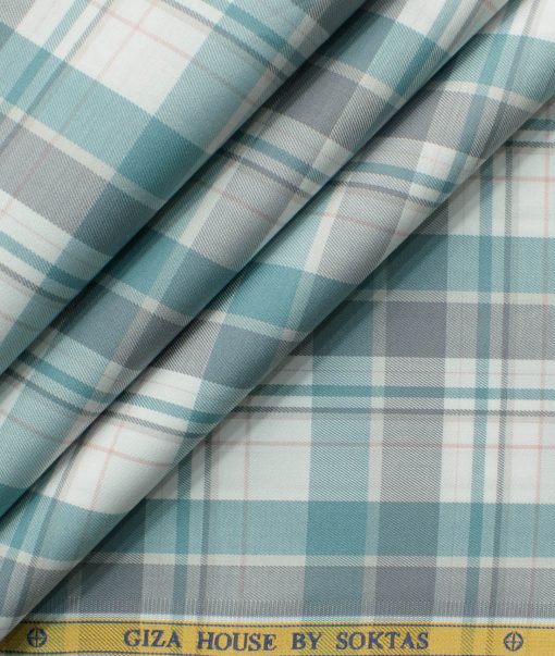 Soktas Men's Egyptian Cotton Checks 2.25 Meter Unstitched Shirting Fabric (White & Teal Green)