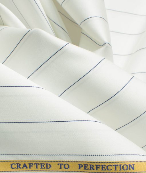 Soktas Men's Egyptian Cotton Striped 2.25 Meter Unstitched Shirting Fabric (White & Blue)