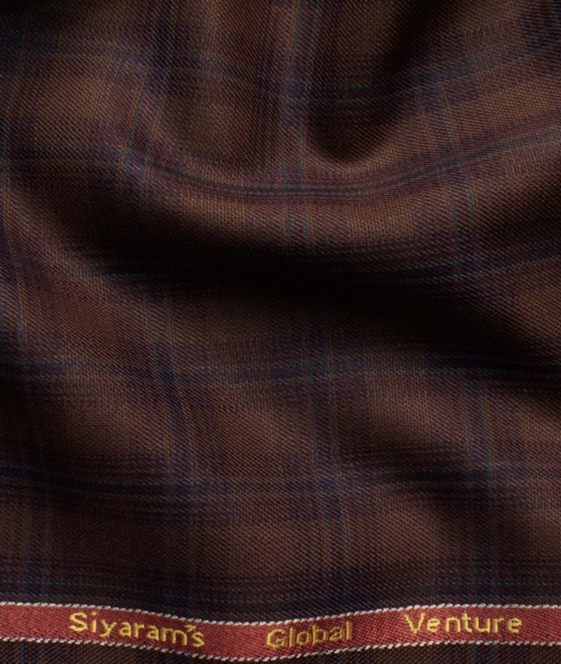 Cadini Italy Men's Polyester Viscose  Checks 3.75 Meter Unstitched Suiting Fabric (Syrup Brown)