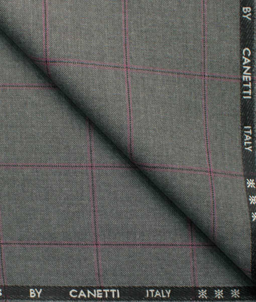 Canetti by Cadini Italy Men's Polyester Viscose  Checks 3.75 Meter Unstitched Suiting Fabric (Grey)